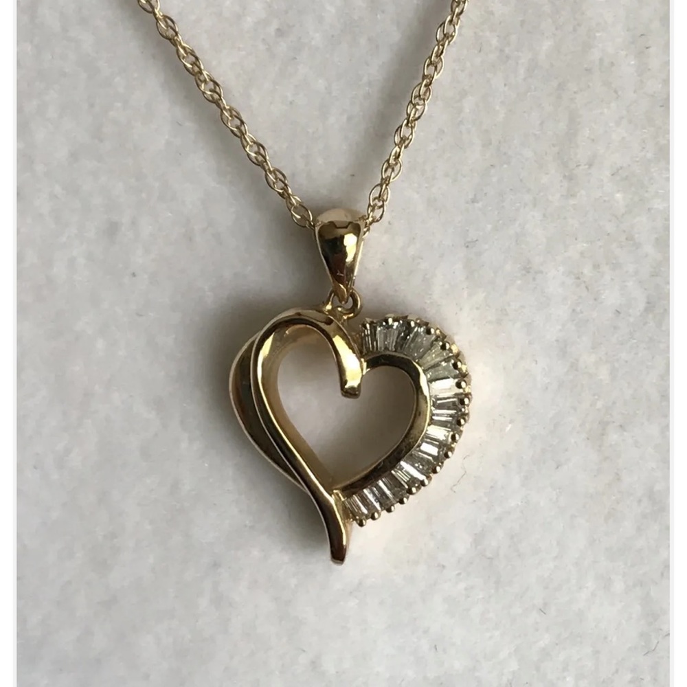 14K Yellow Gold Baguette Diamond Open Heart Necklace